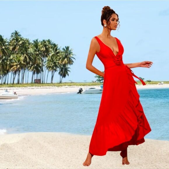 New Elegant Red Ruffle Wrap Cover Up Skirt - Picture 4 of 11